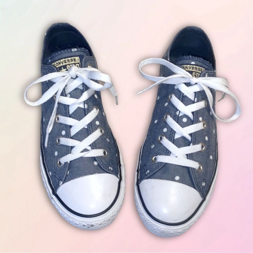 Navy, Polkadot, Converse All Stars, Faux Denim, Lace Up Low Tops